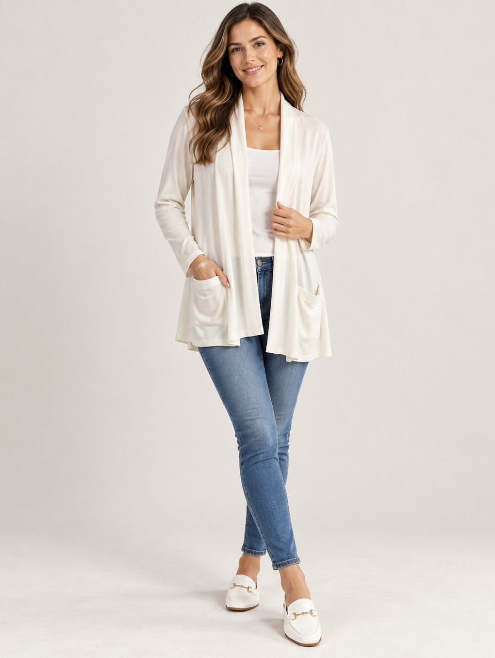 Logo Lounge Women's Cream Women's Open Front Cardigan Minimalist Size Large